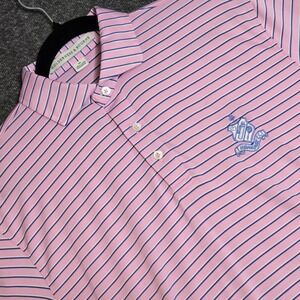 Holderness & Bourne Polo Shirt Mens Medium Pink Blue Stripe Golf Tailored Fit